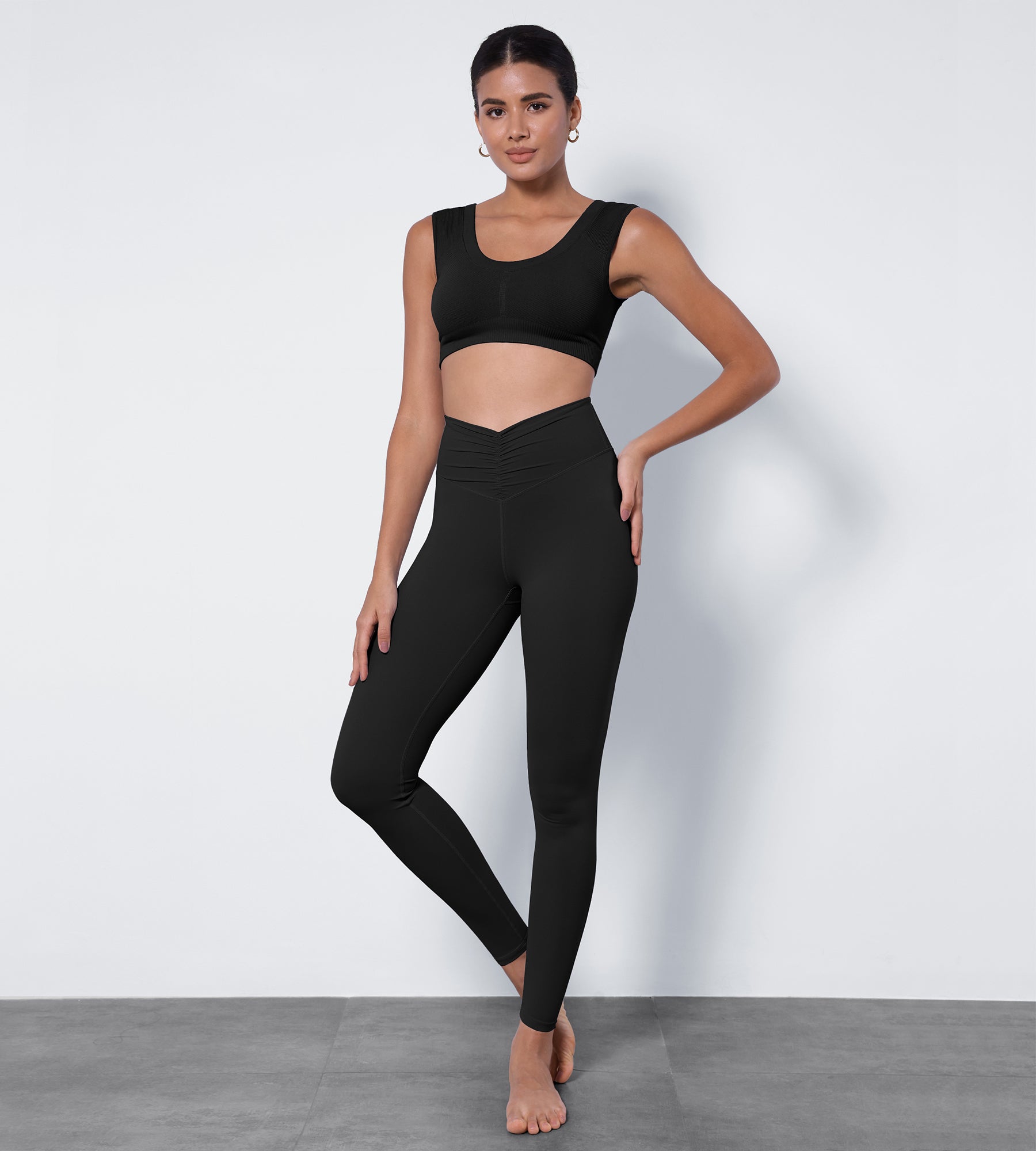 High Waist Crossover Ruched Leggings Black - ododos