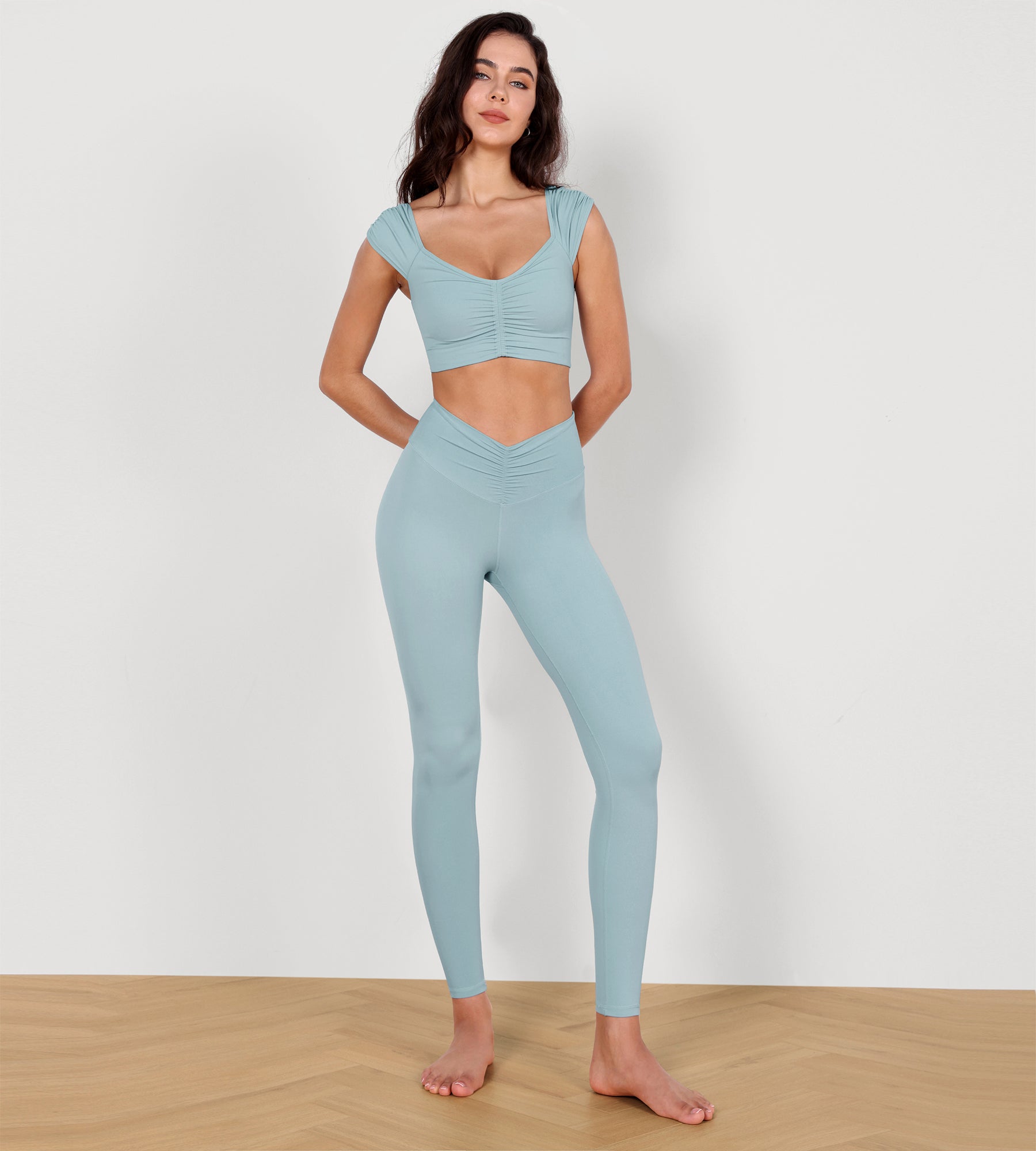 High Waist Crossover Ruched Leggings Chambray - ododos