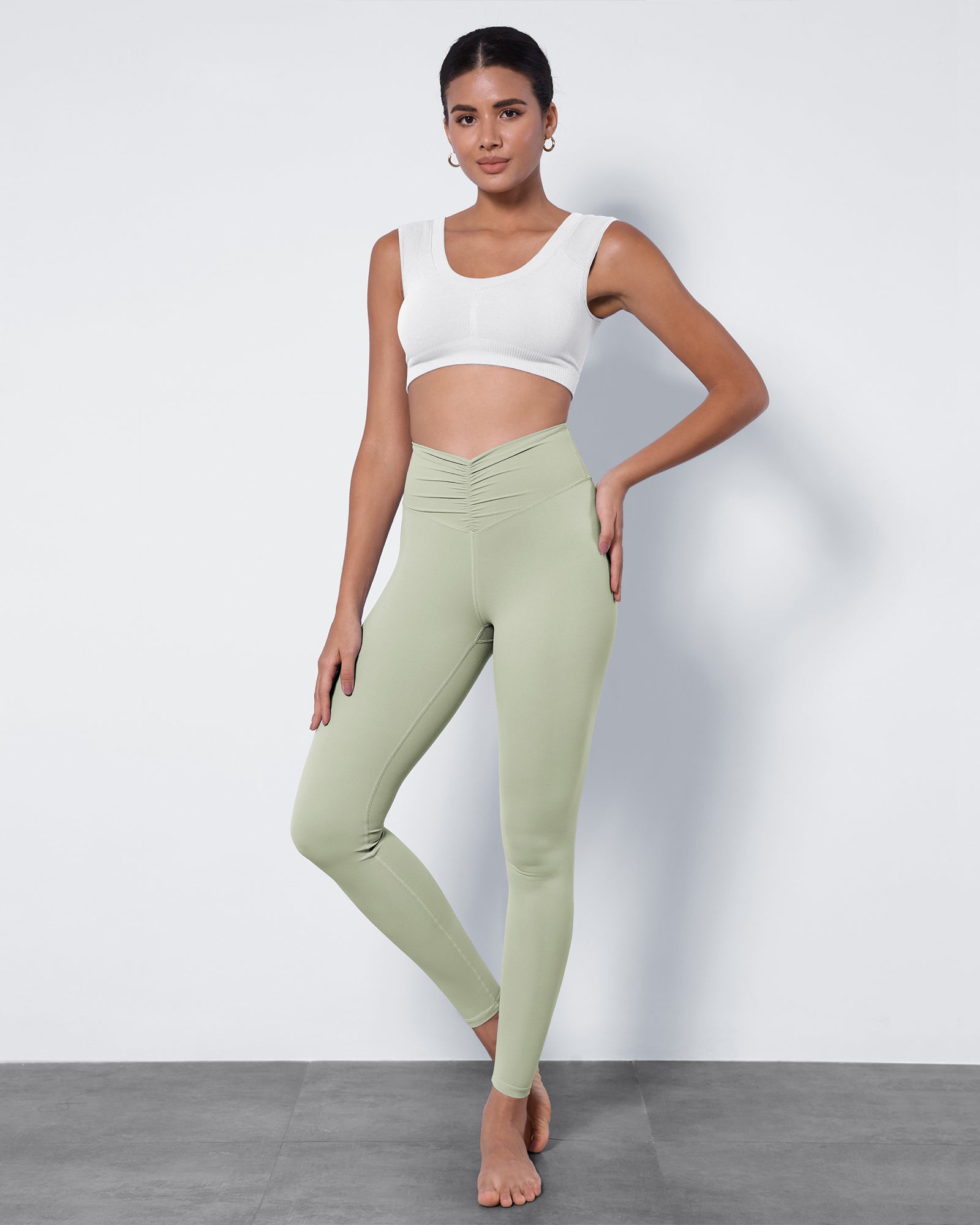 High Waist Crossover Ruched Leggings Lime Stone - ododos