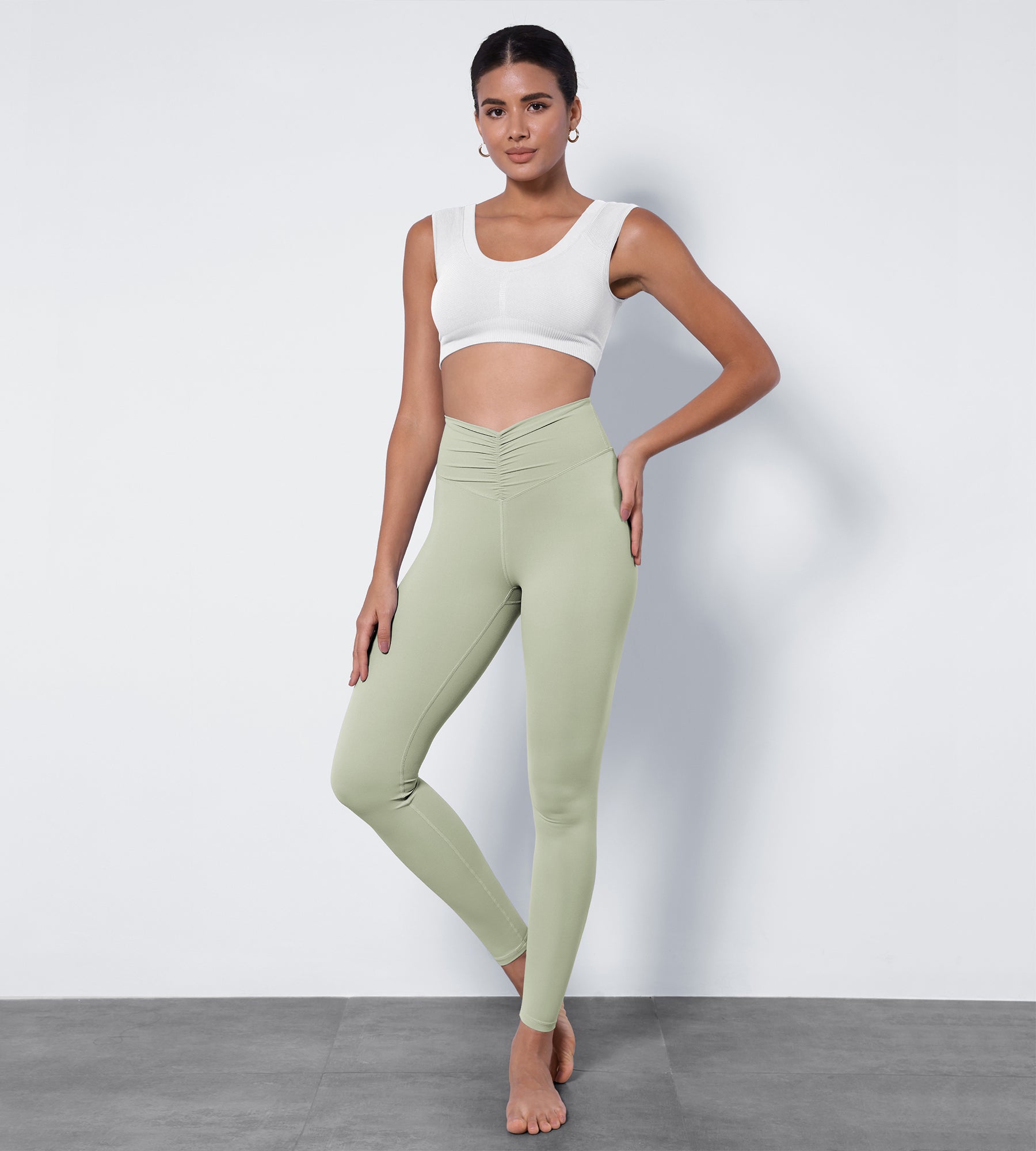 High Waist Crossover Ruched Leggings Lime Stone - ododos