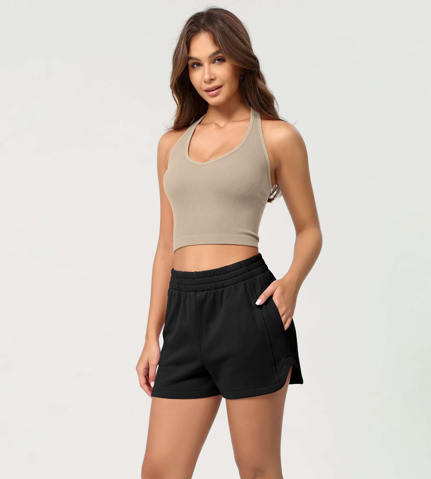 Cotton Curved Hem Sweat Shorts Black - ododos