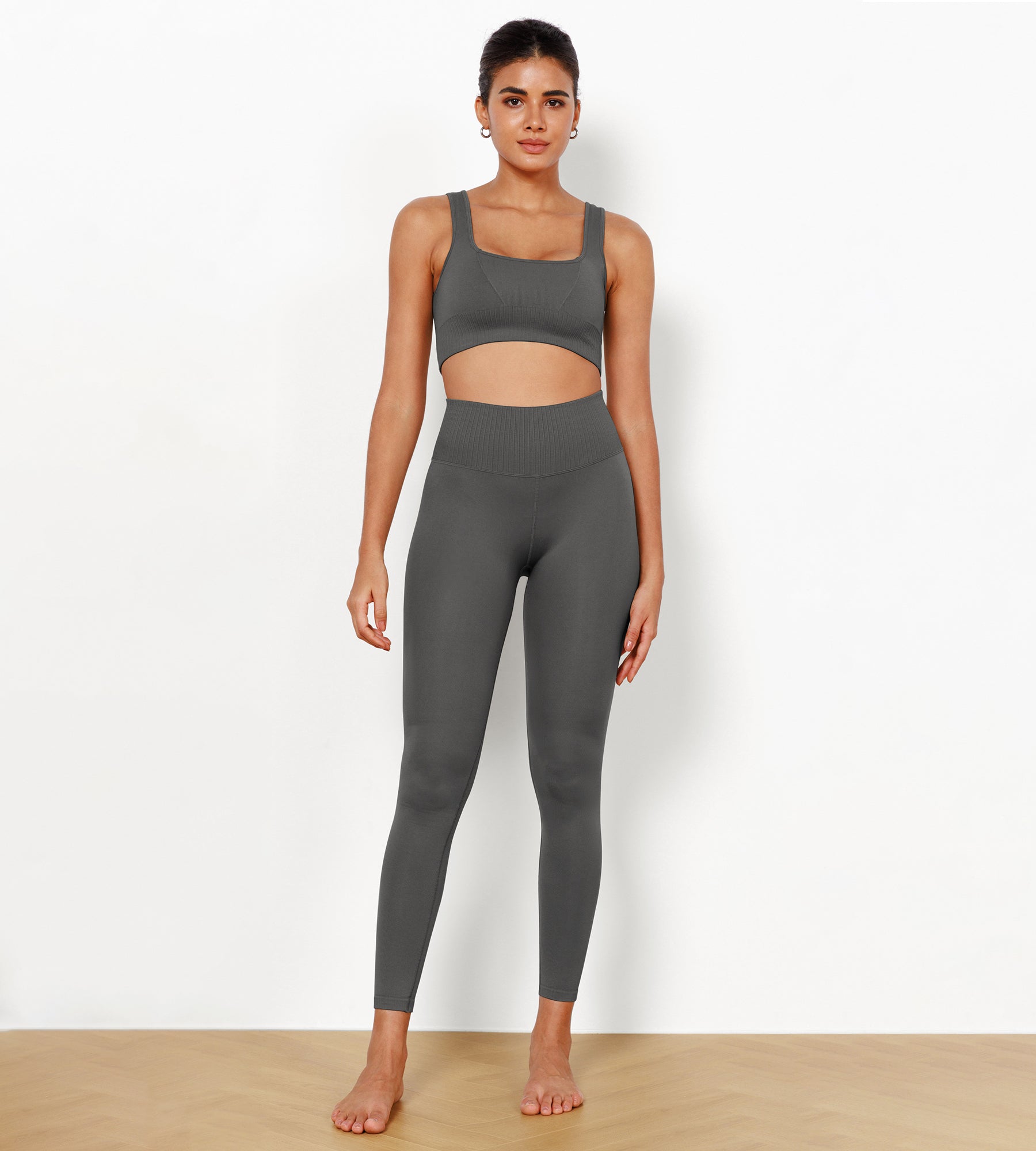 7/8 High Waist Seamless Ribbed Leggings Charcoal - ododos