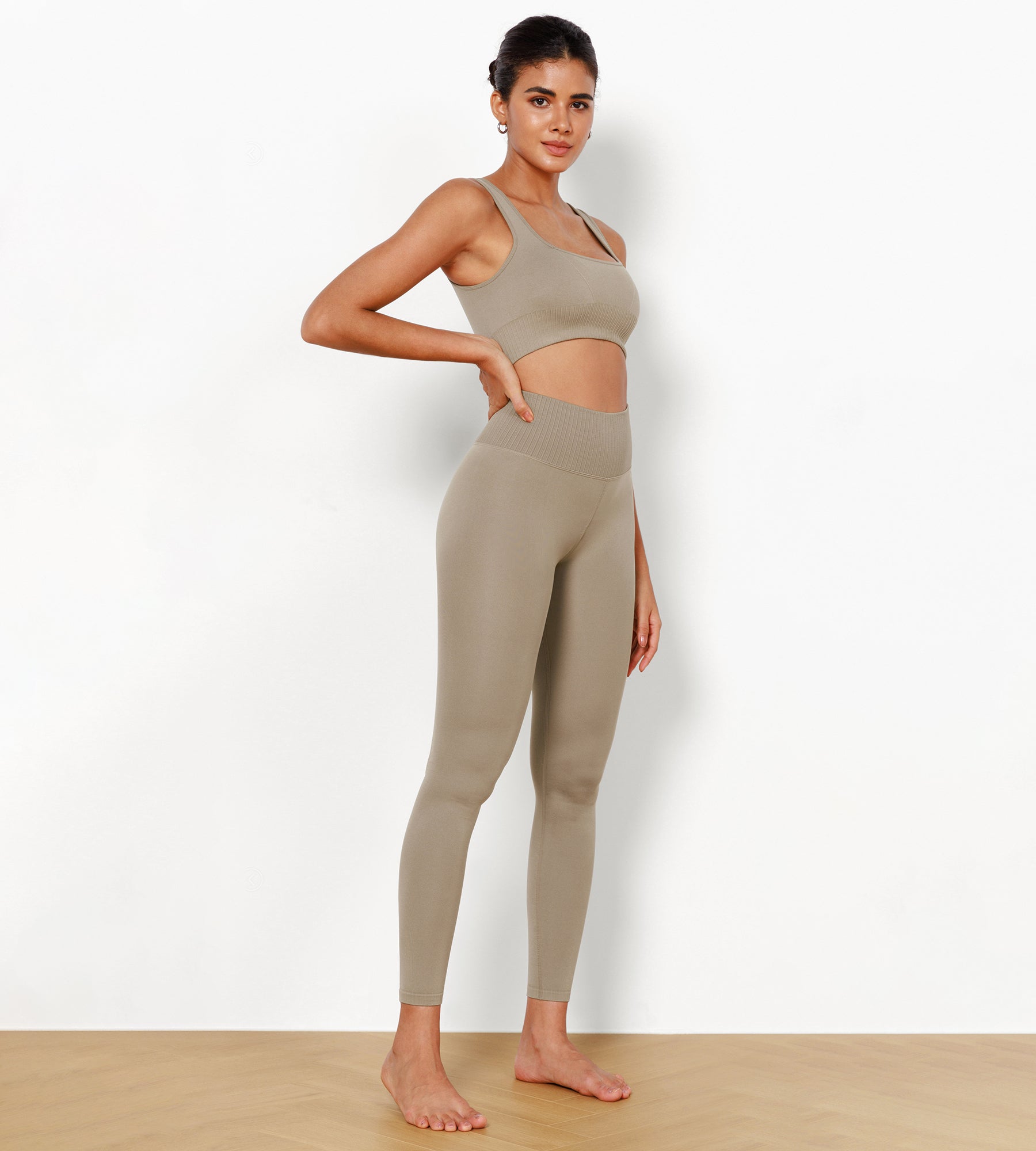 7/8 High Waist Seamless Ribbed Leggings Taupe - ododos