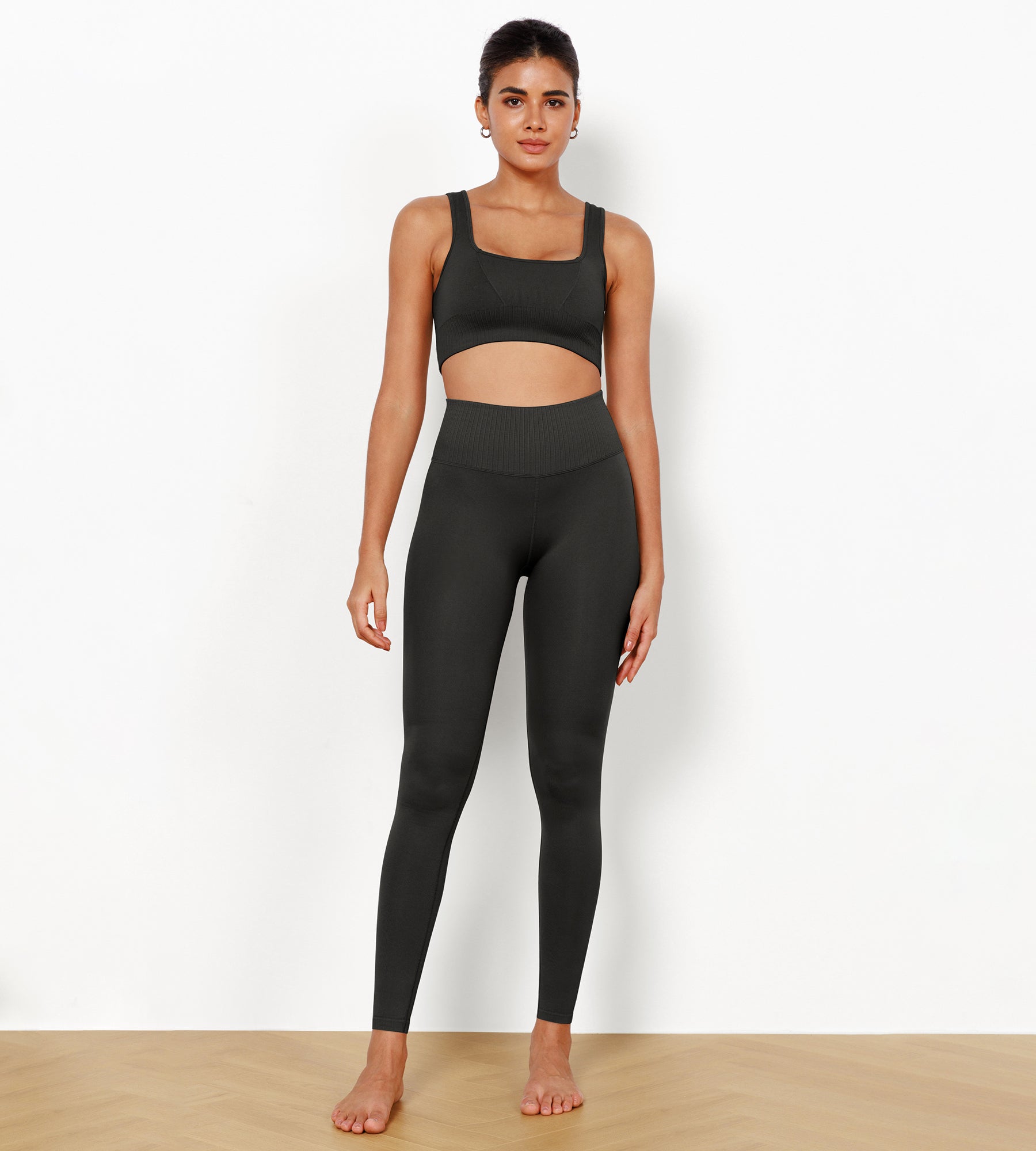 28" High Waist Seamless Ribbed Leggings Black - ododos