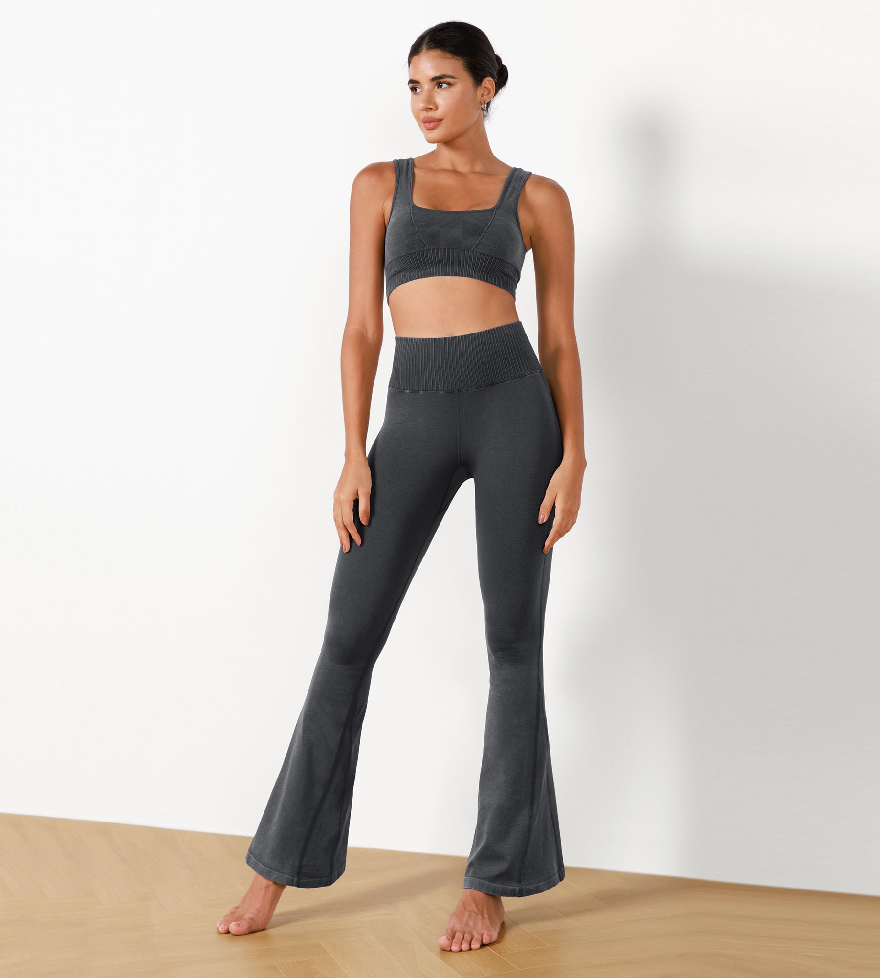 30" Seamless Ribbed Flare Yoga Pants Black - ododos