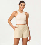 Stretch Woven High Waist Relaxed Shorts Beige - ododos