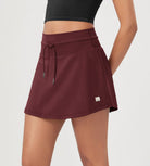 Women's Drawstring Tie Daily Skirts with Ball Pocket Burgundy - ododos
