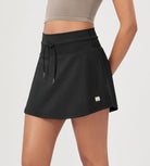Women's Drawstring Tie Daily Skirts with Ball Pocket Onyx Black - ododos