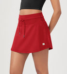 Women's Drawstring Tie Daily Skirts with Ball Pocket Red - ododos