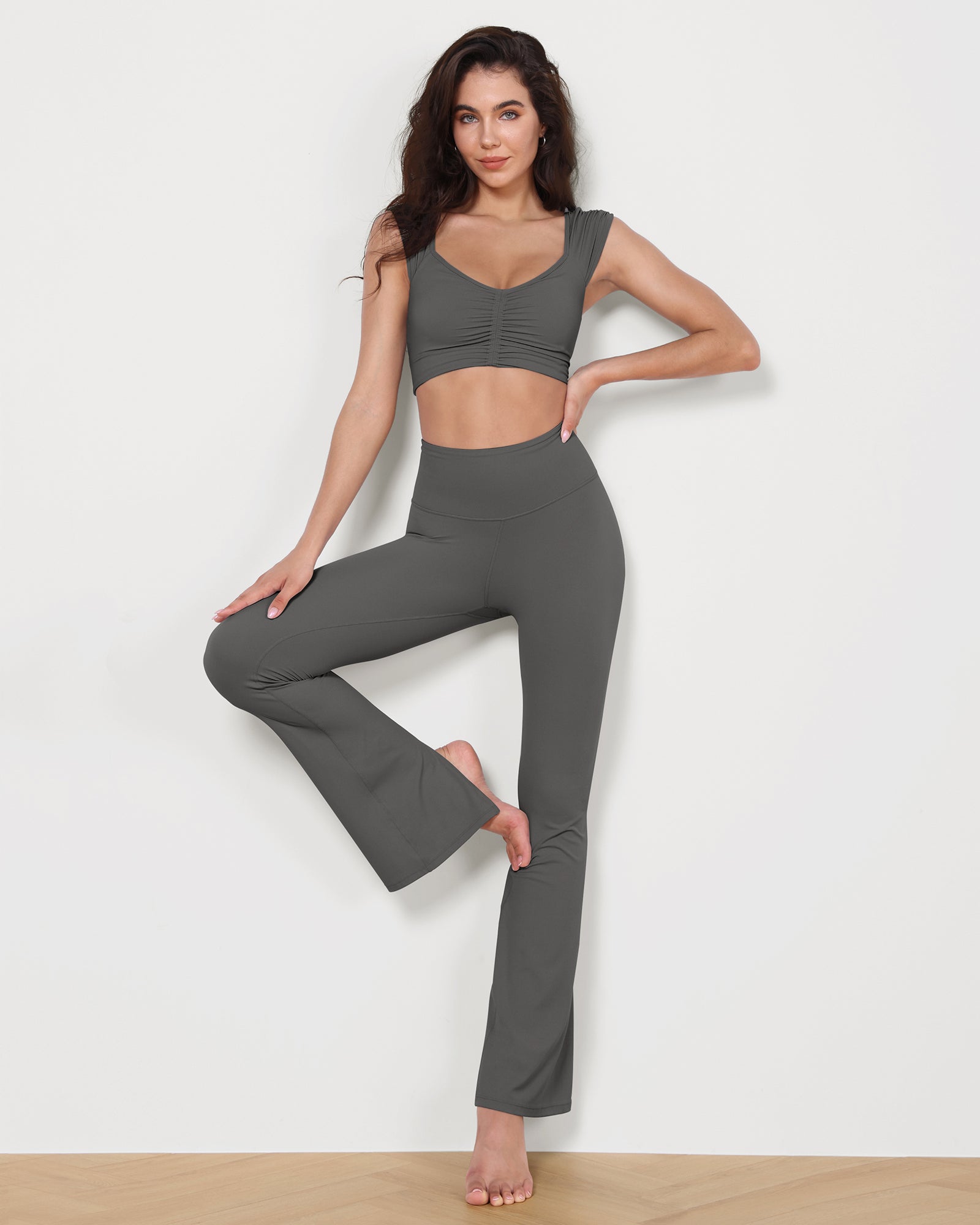 High Waisted Split-Hem Bootcut Lounge Yoga Pants Charcoal 31 inches - ododos