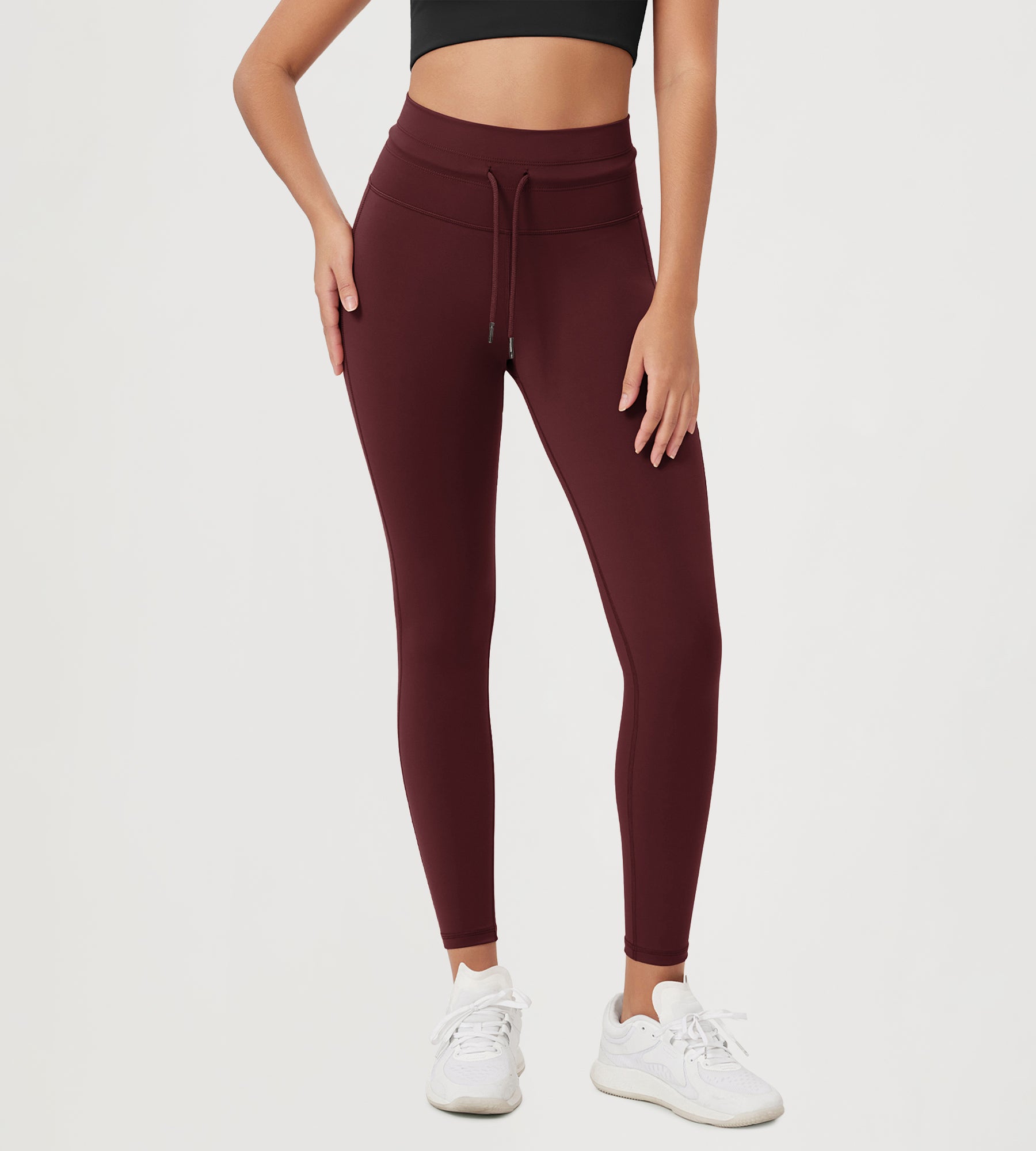 25” High Waist Workout Yoga Pants with Drawstring Tie Burgundy - ododos
