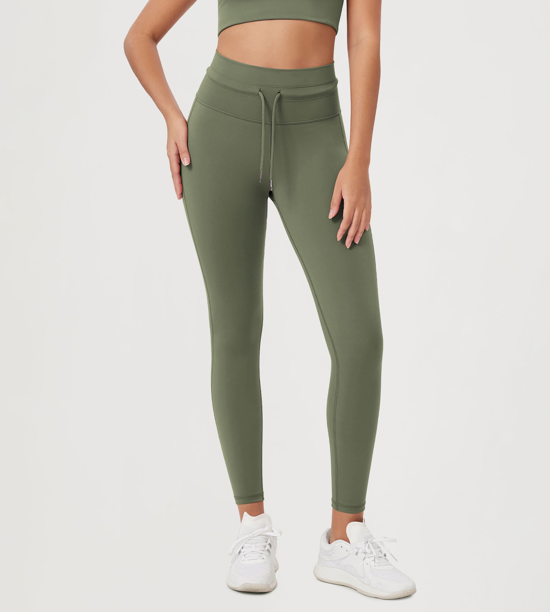 25” High Waist Workout Yoga Pants with Drawstring Tie Dark Olive - ododos