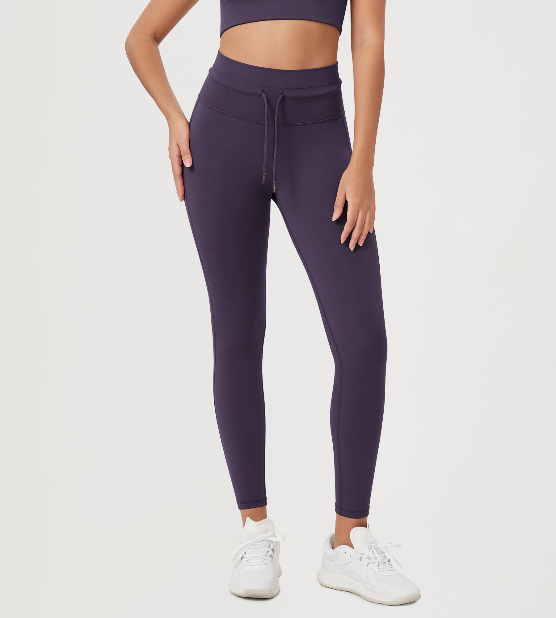 25” High Waist Workout Yoga Pants with Drawstring Tie Dark Purple - ododos