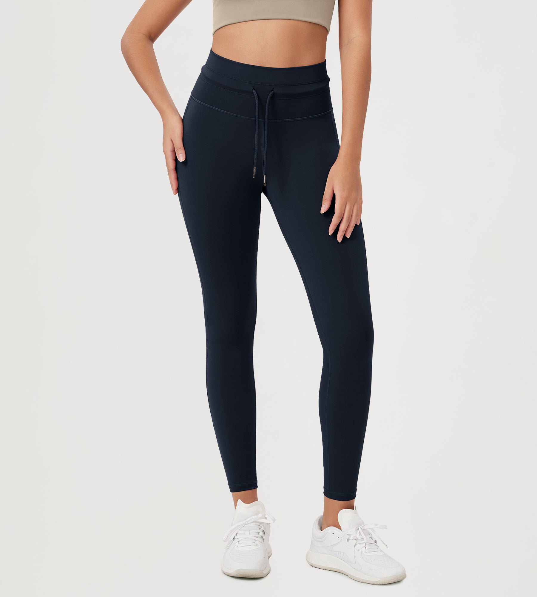25” High Waist Workout Yoga Pants with Drawstring Tie Deep Navy - ododos