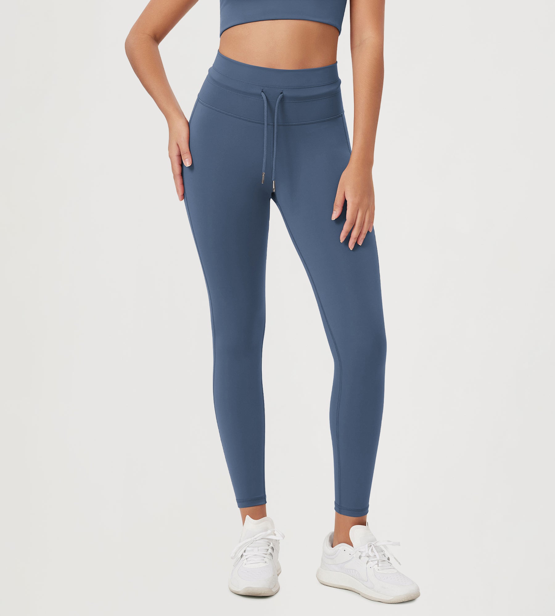 25” High Waist Workout Yoga Pants with Drawstring Tie Ink Blue - ododos