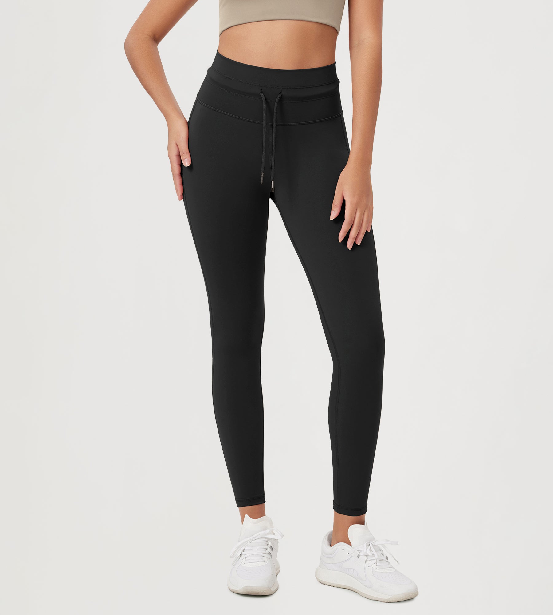 25” High Waist Workout Yoga Pants with Drawstring Tie Onyx Black - ododos