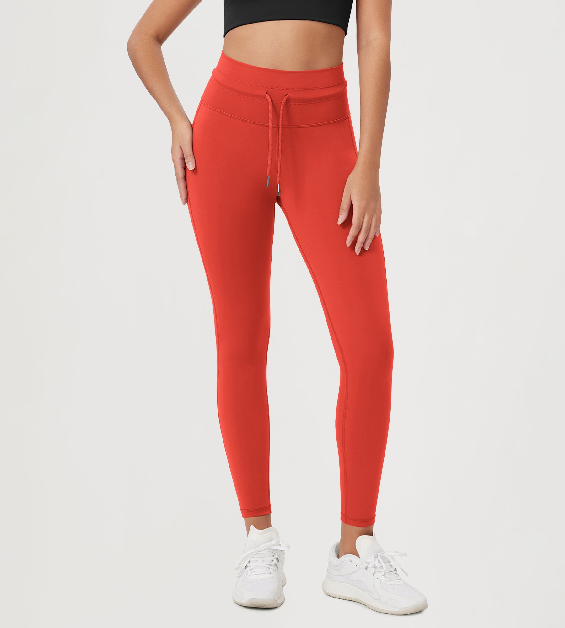 25” High Waist Workout Yoga Pants with Drawstring Tie Orange Red - ododos