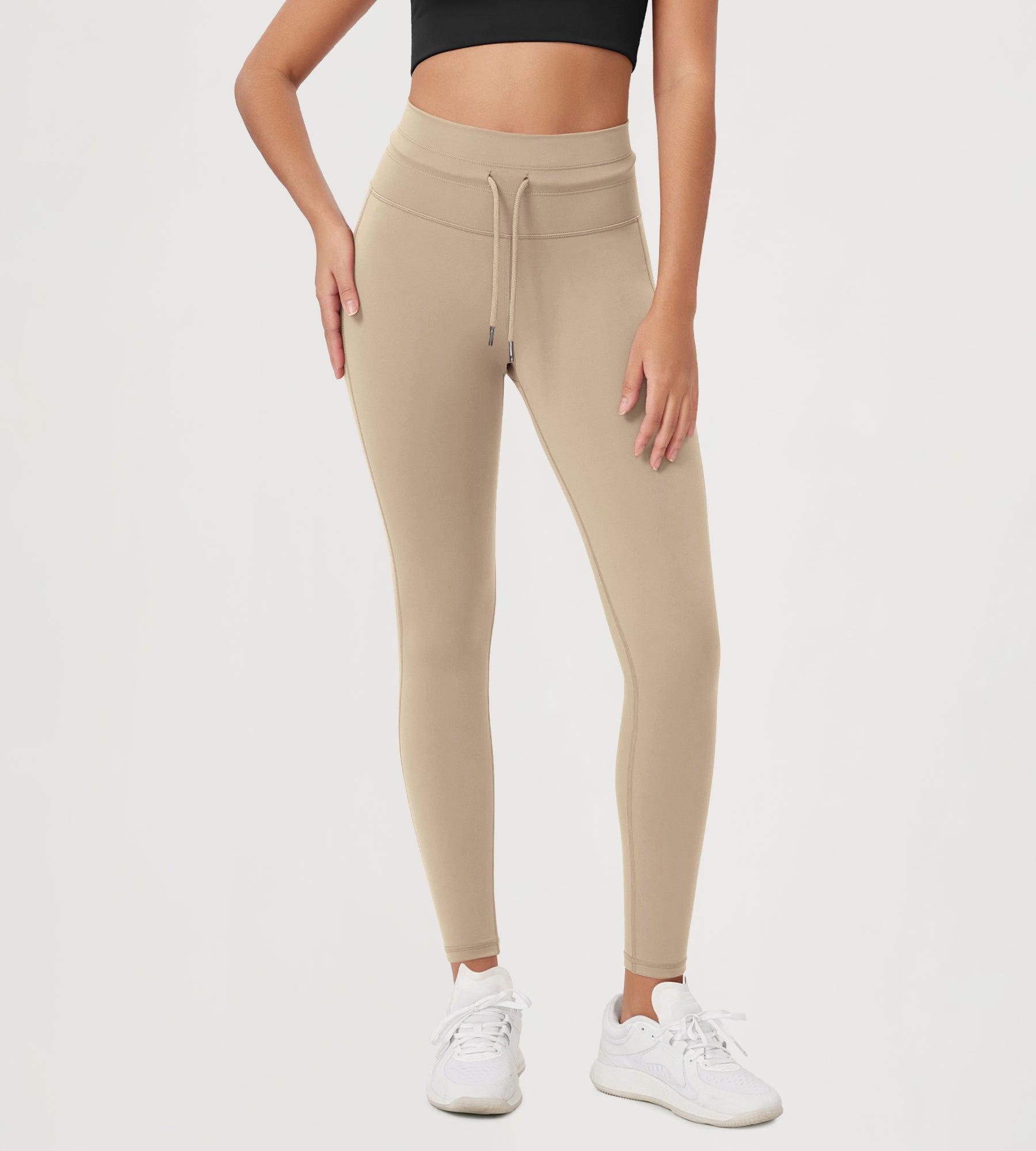 28" High Waist Workout Yoga Pants with Drawstring Tie Beige - ododos
