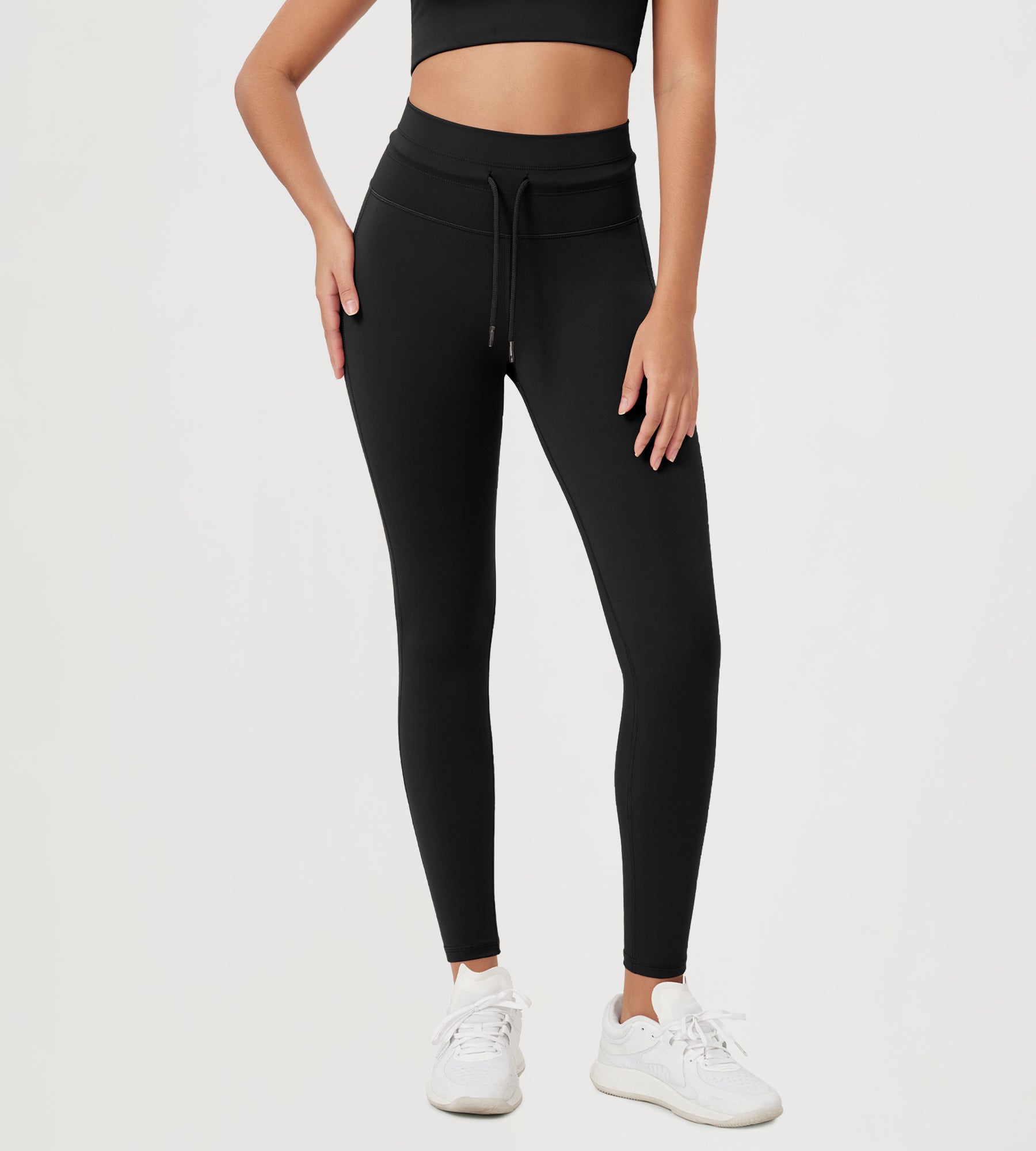 28" High Waist Workout Yoga Pants with Drawstring Tie Black - ododos