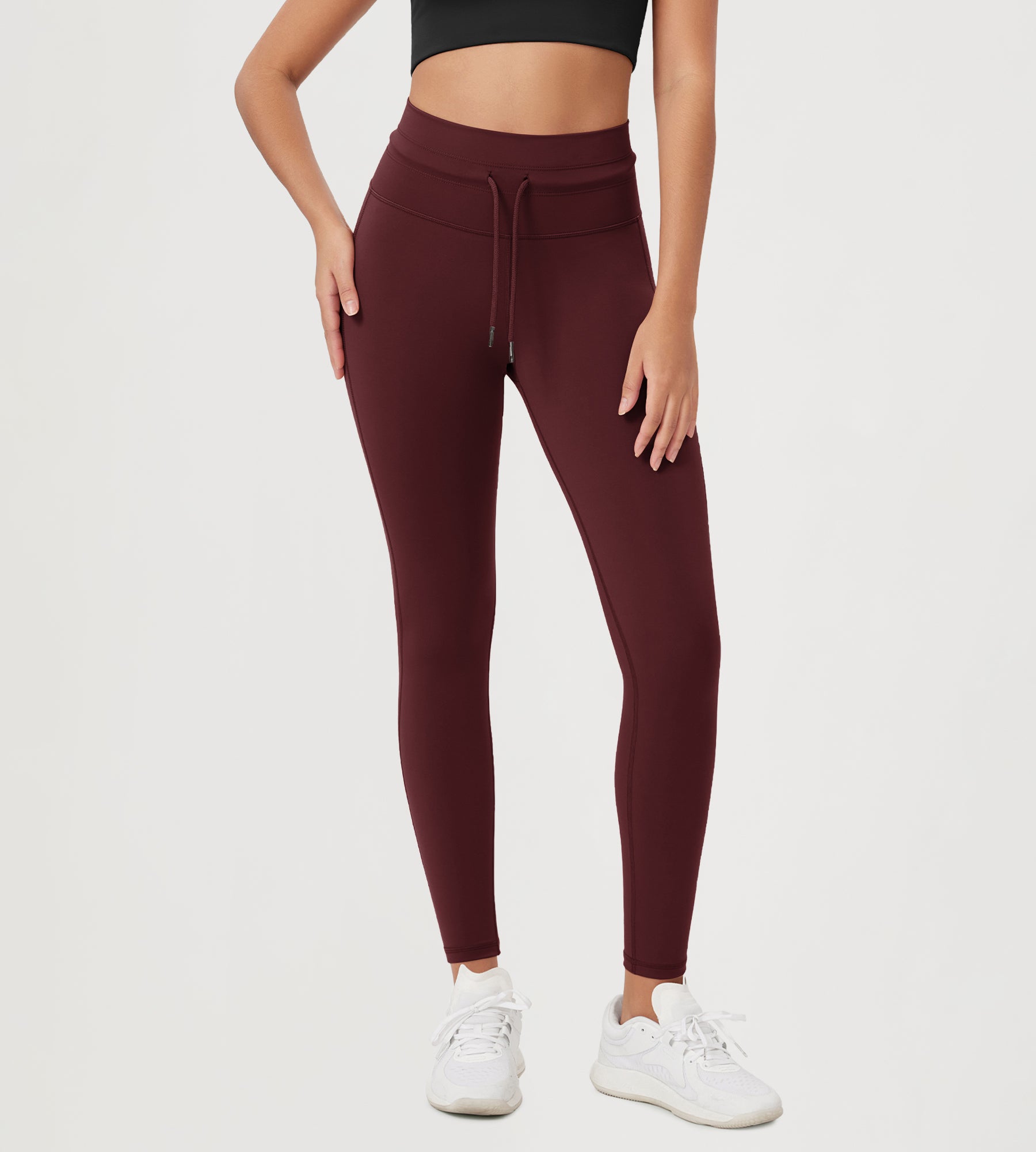 28" High Waist Workout Yoga Pants with Drawstring Tie Burgundy - ododos