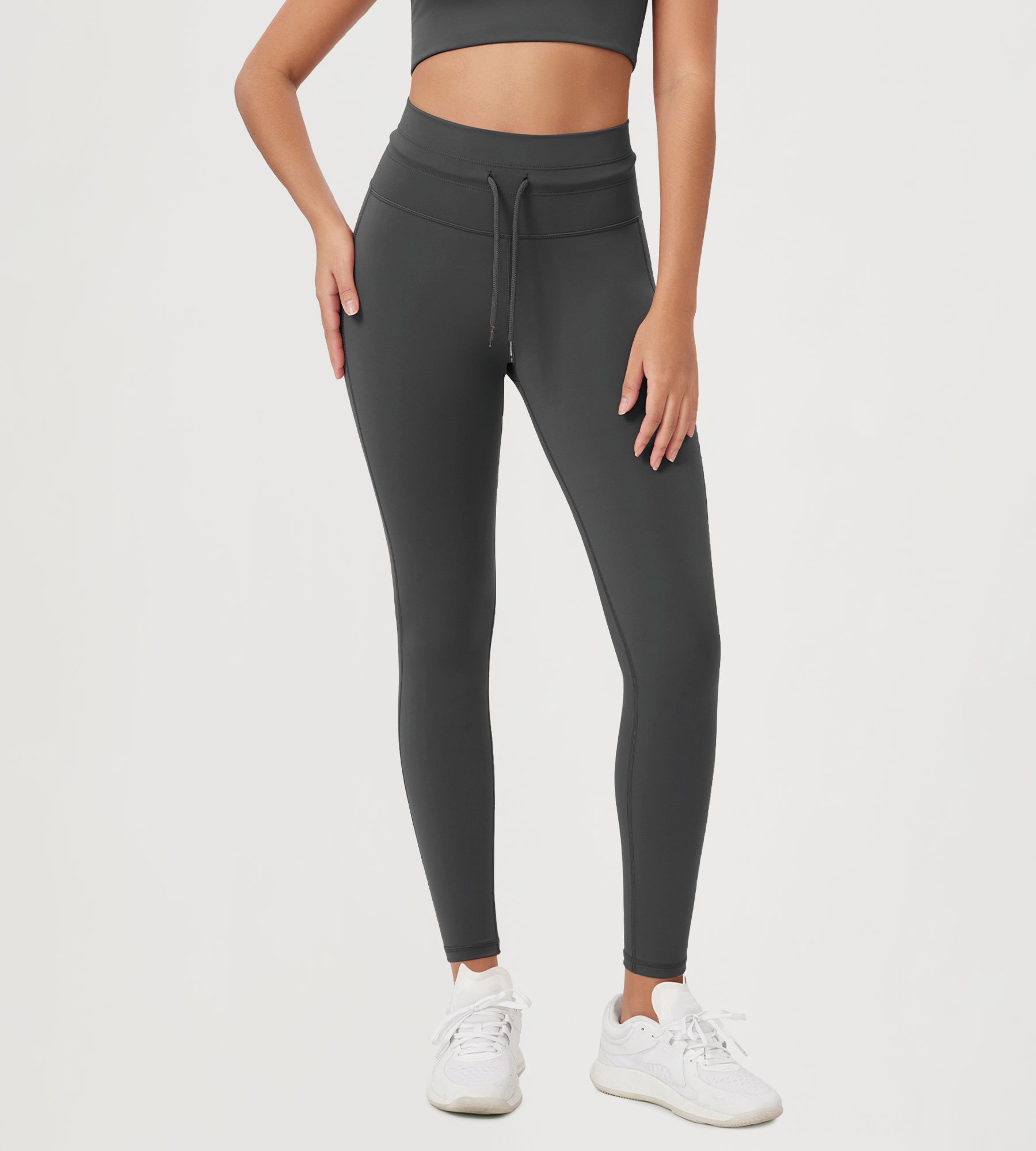 28" High Waist Workout Yoga Pants with Drawstring Tie Charcoal - ododos