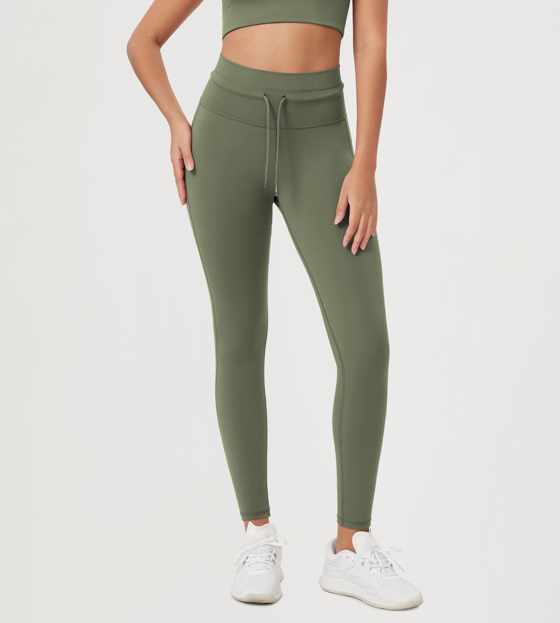 28" High Waist Workout Yoga Pants with Drawstring Tie Dark Olive - ododos