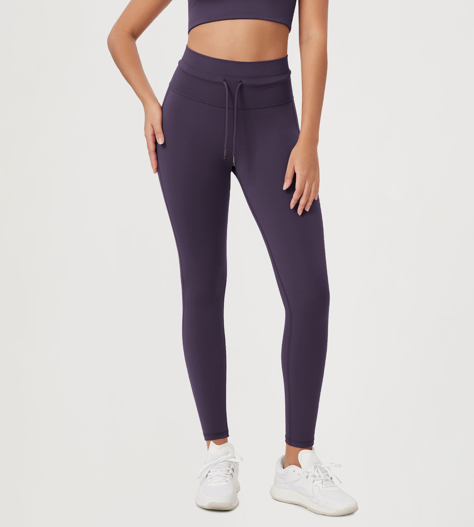 28" High Waist Workout Yoga Pants with Drawstring Tie Dark Purple - ododos