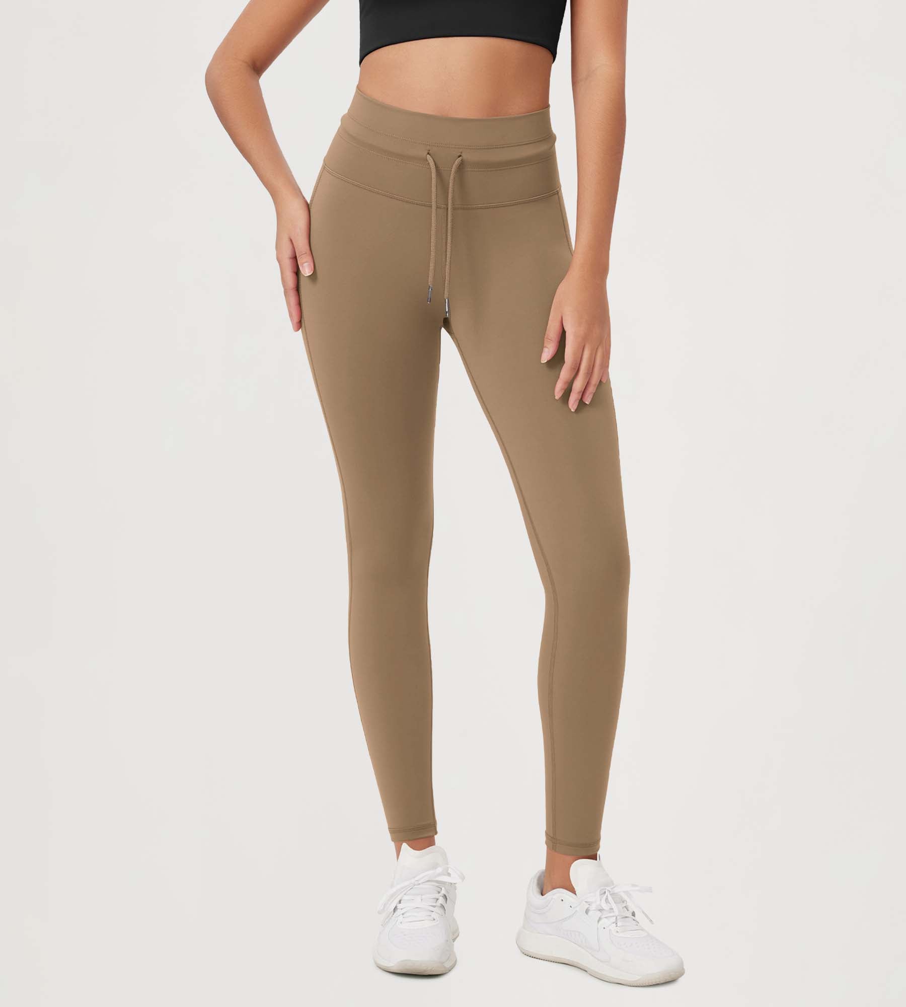 28" High Waist Workout Yoga Pants with Drawstring Tie Light Brown - ododos