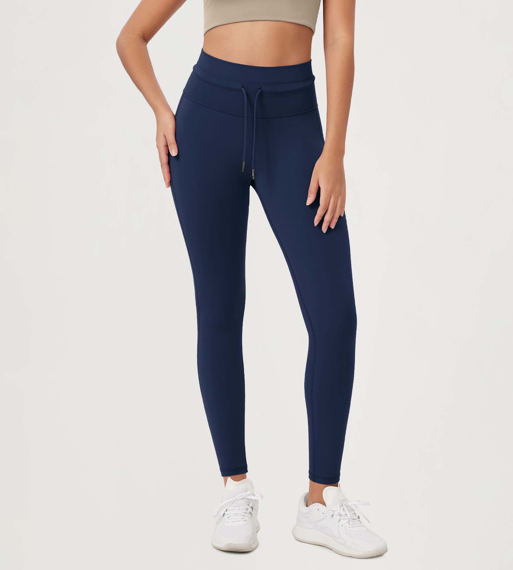 28" High Waist Workout Yoga Pants with Drawstring Tie Navy - ododos