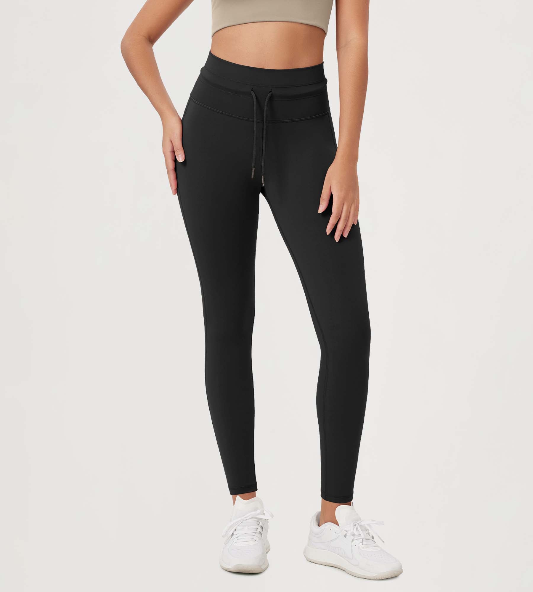 28" High Waist Workout Yoga Pants with Drawstring Tie Onyx Black - ododos