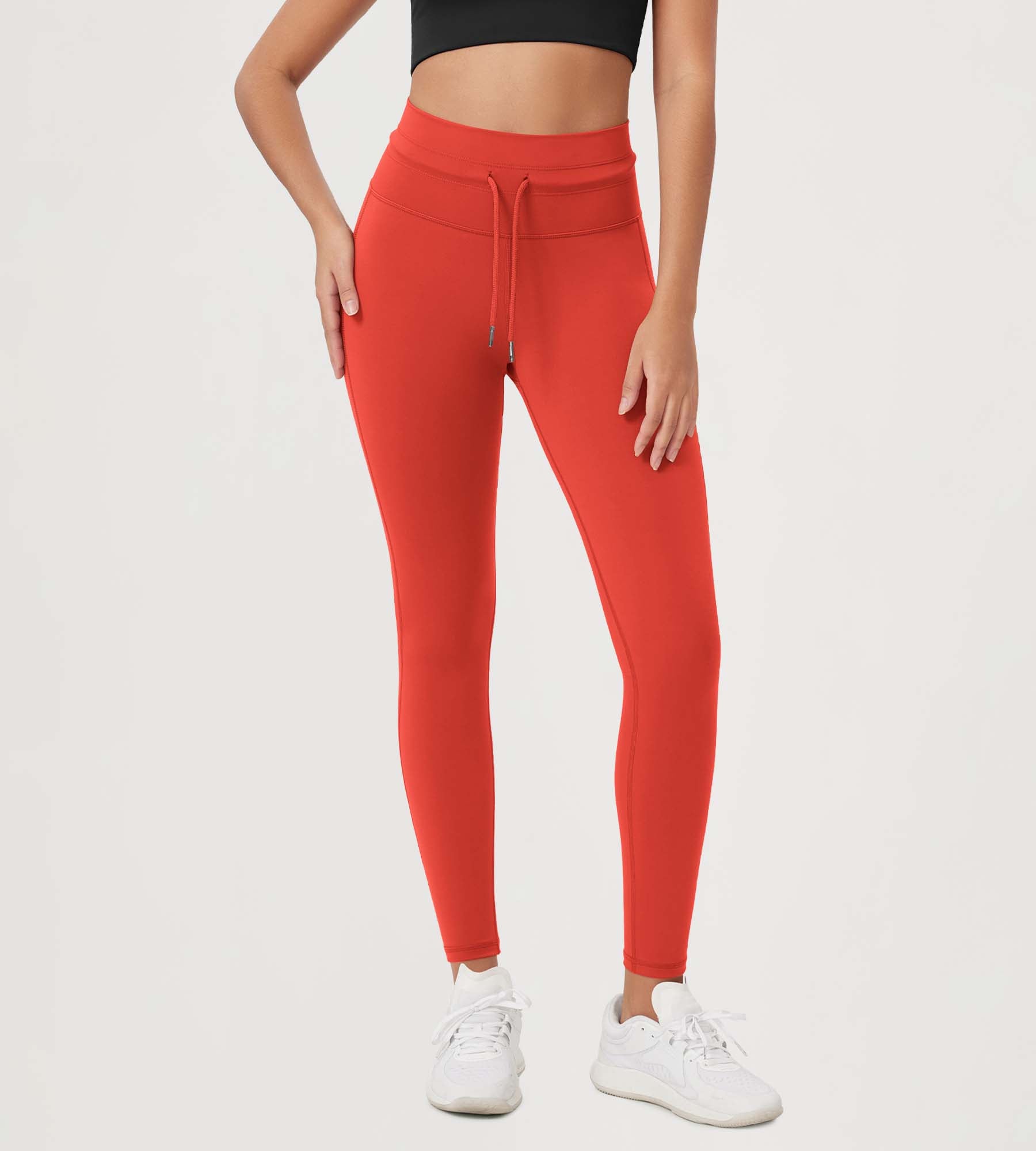 28" High Waist Workout Yoga Pants with Drawstring Tie Orange Red - ododos