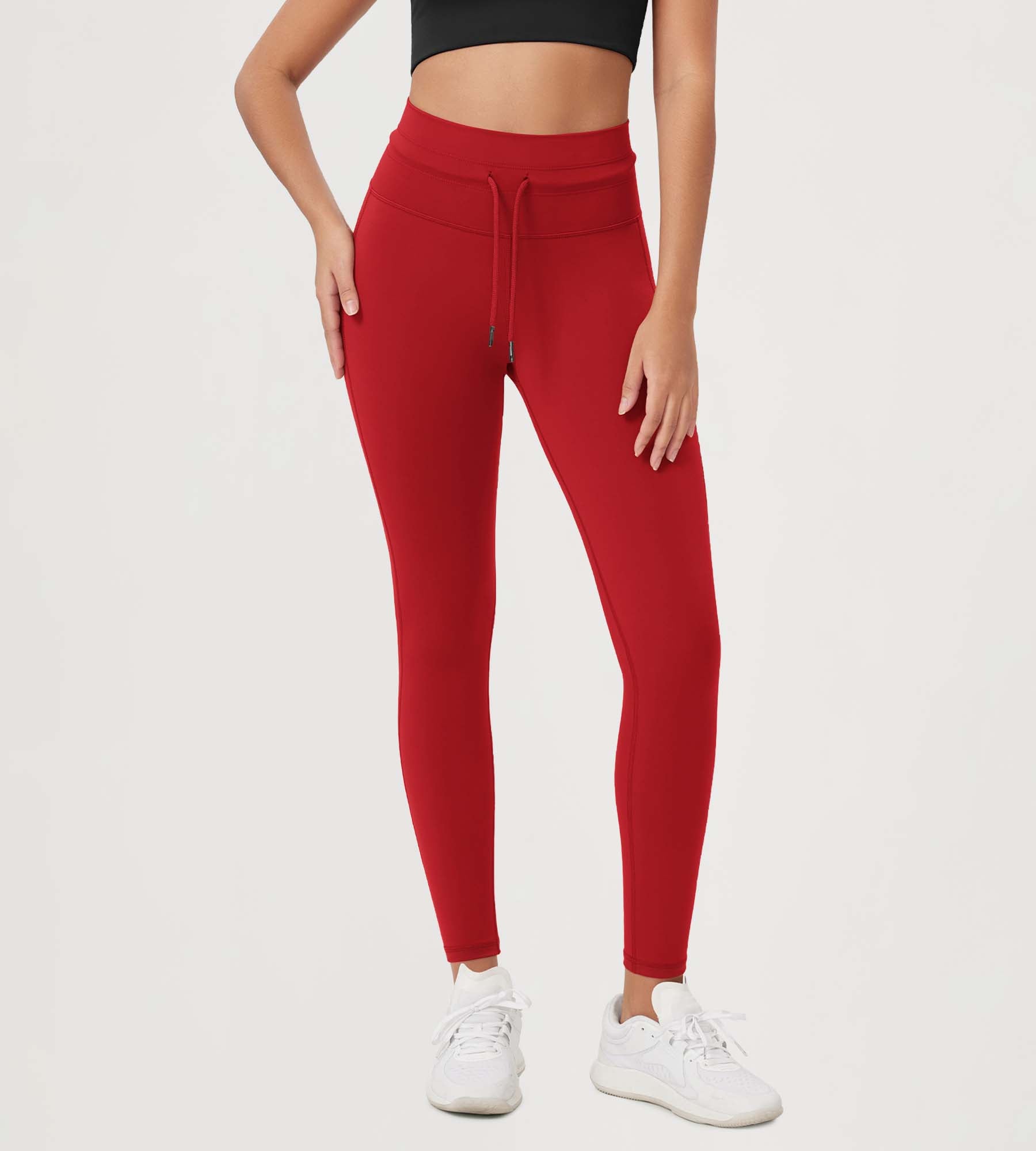 28" High Waist Workout Yoga Pants with Drawstring Tie Red - ododos