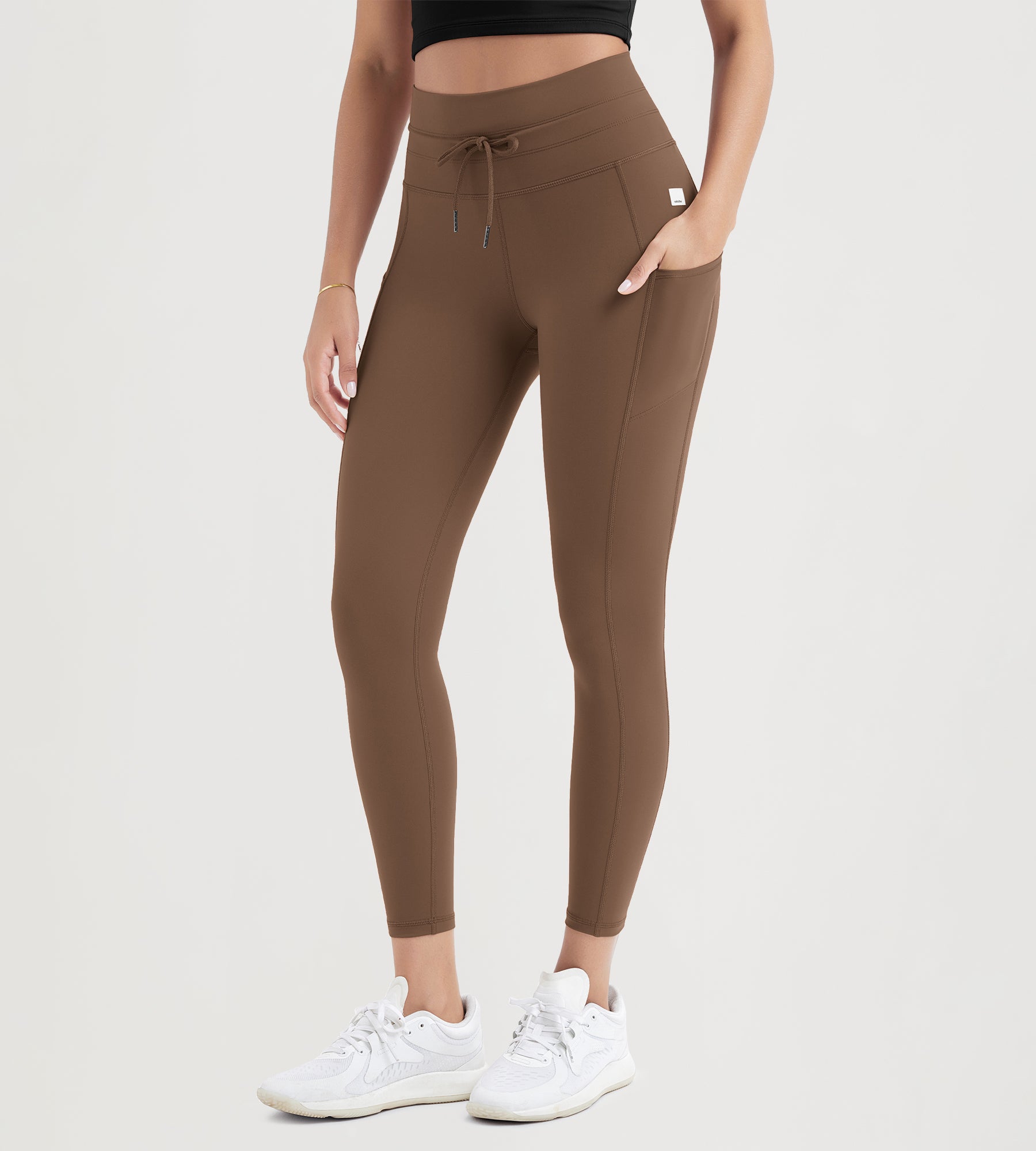 25" High Waist Workout Yoga Pants Leggings With Drawstring Pockets Brunette - ododos