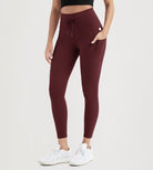 25" High Waist Workout Yoga Pants Leggings With Drawstring Pockets Burgundy - ododos
