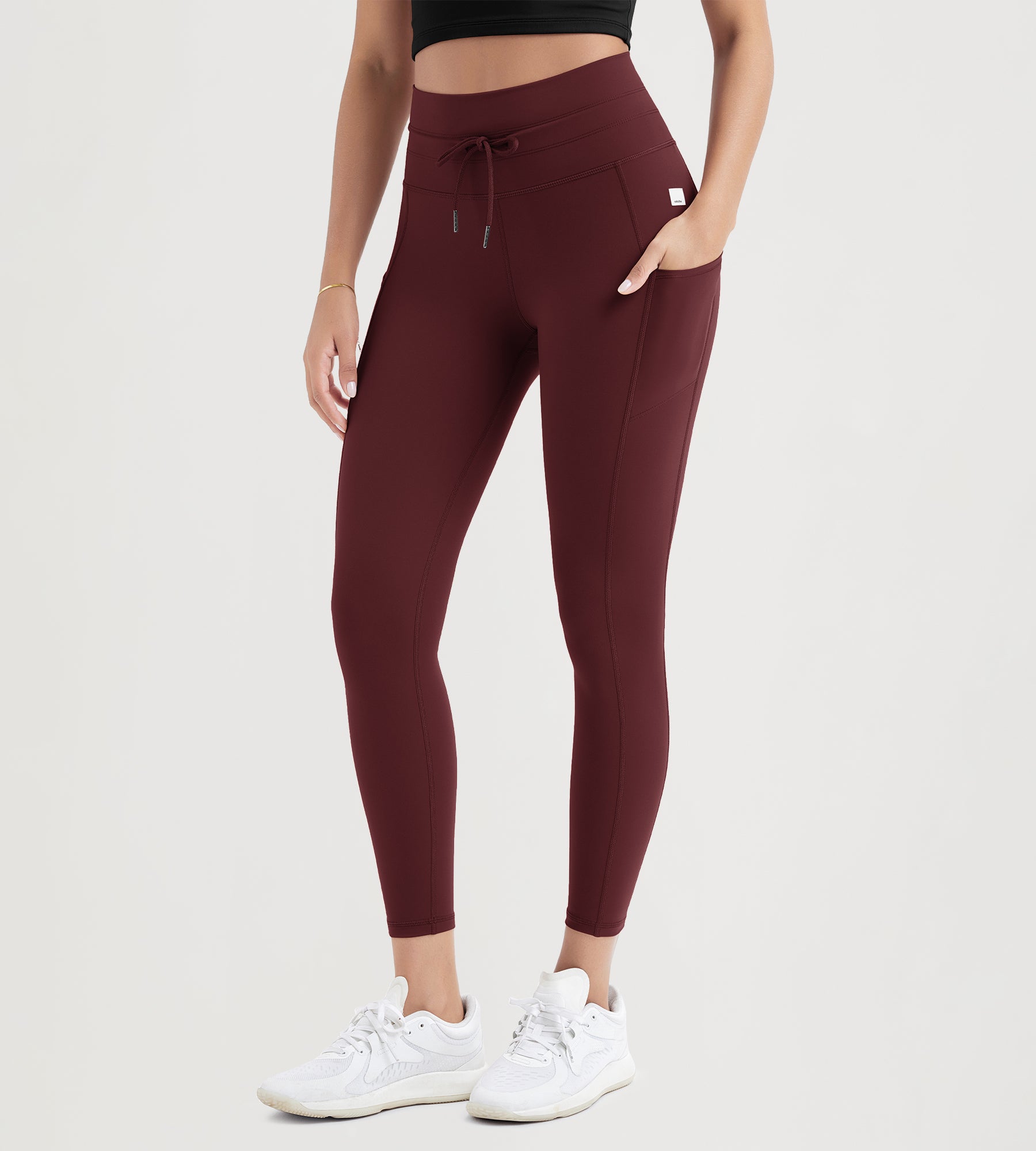 25" High Waist Workout Yoga Pants Leggings With Drawstring Pockets Burgundy - ododos