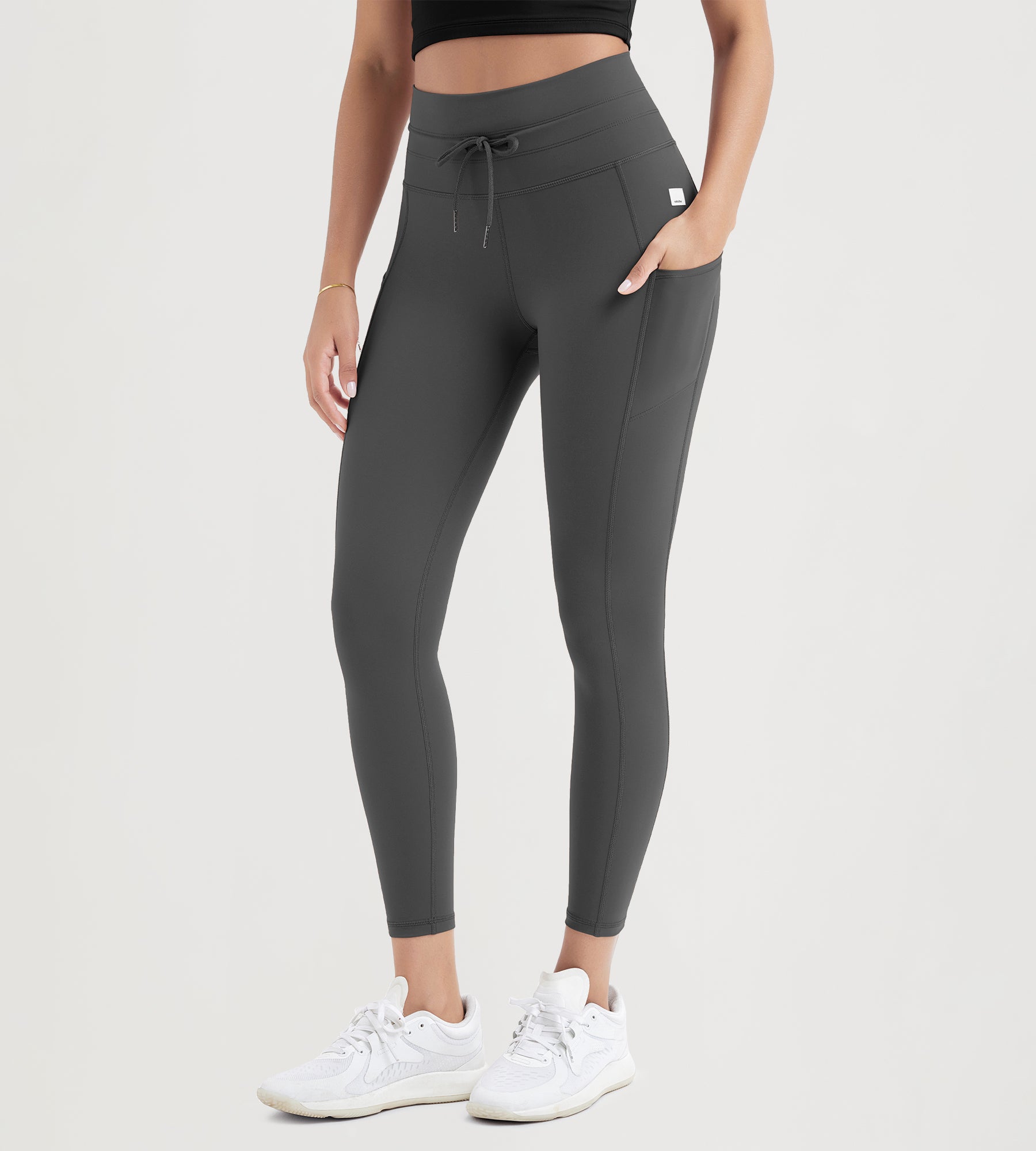 25" High Waist Workout Yoga Pants Leggings With Drawstring Pockets Charcoal - ododos