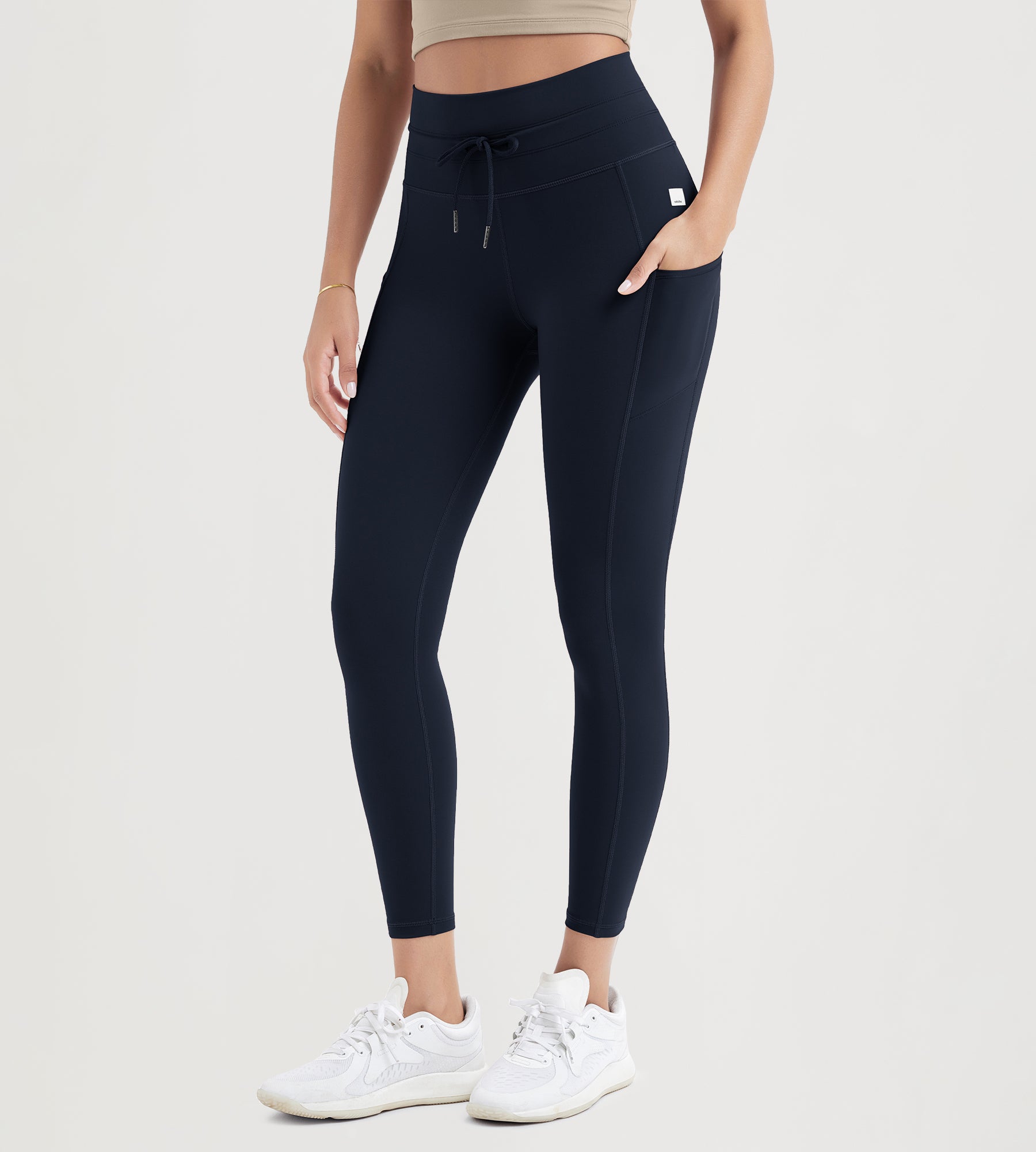 25" High Waist Workout Yoga Pants Leggings With Drawstring Pockets Deep Navy - ododos