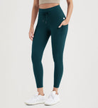 25" High Waist Workout Yoga Pants Leggings With Drawstring Pockets Forest Teal - ododos