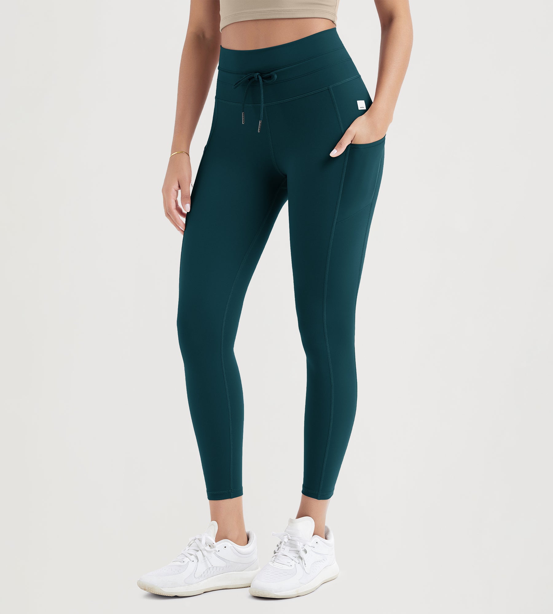 25" High Waist Workout Yoga Pants Leggings With Drawstring Pockets Forest Teal - ododos