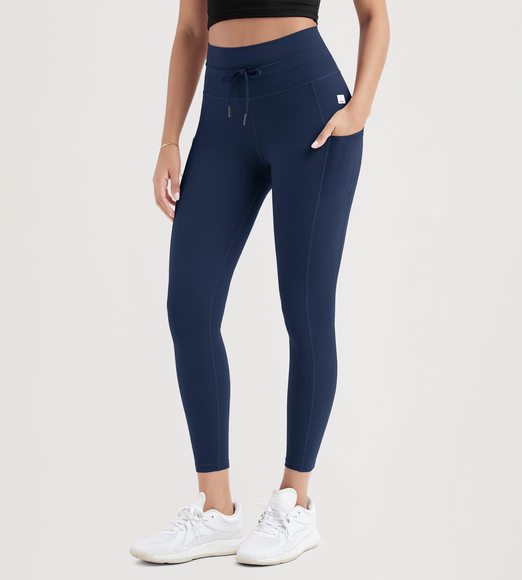 25" High Waist Workout Yoga Pants Leggings With Drawstring Pockets Navy - ododos