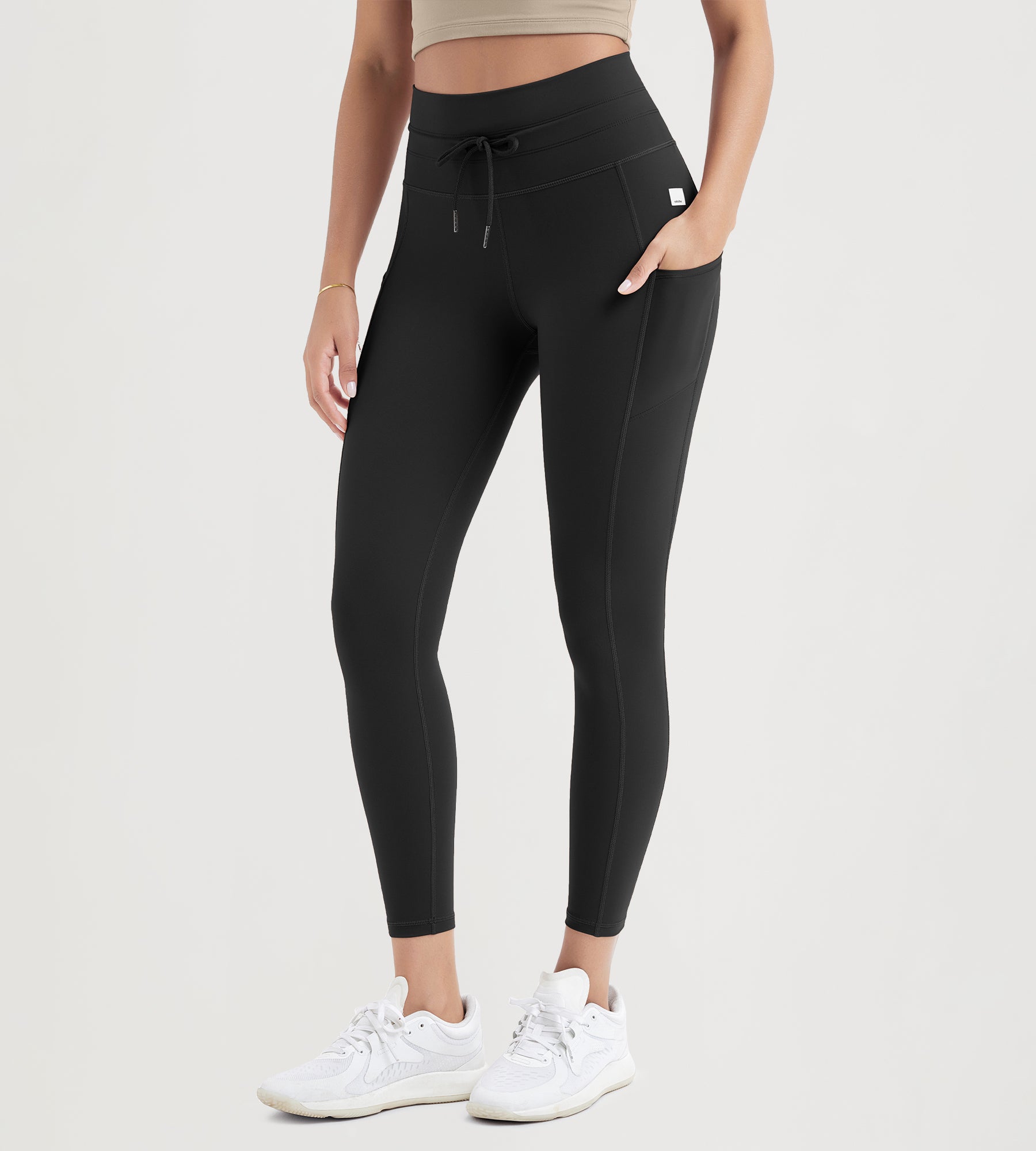 25" High Waist Workout Yoga Pants Leggings With Drawstring Pockets Onyx Black - ododos