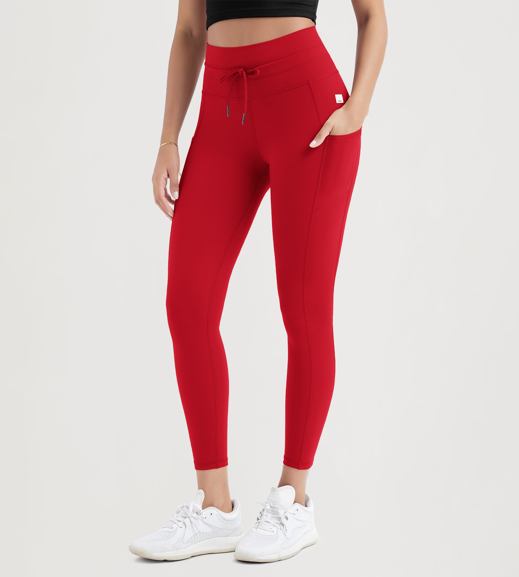 25" High Waist Workout Yoga Pants Leggings With Drawstring Pockets Red - ododos