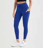 25" High Waist Workout Yoga Pants Leggings With Drawstring Pockets Royal Blue - ododos