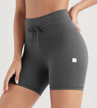 5" Inseam High Waist Shorts With Drawstring Workout Yoga Biker Shorts Charcoal - ododos