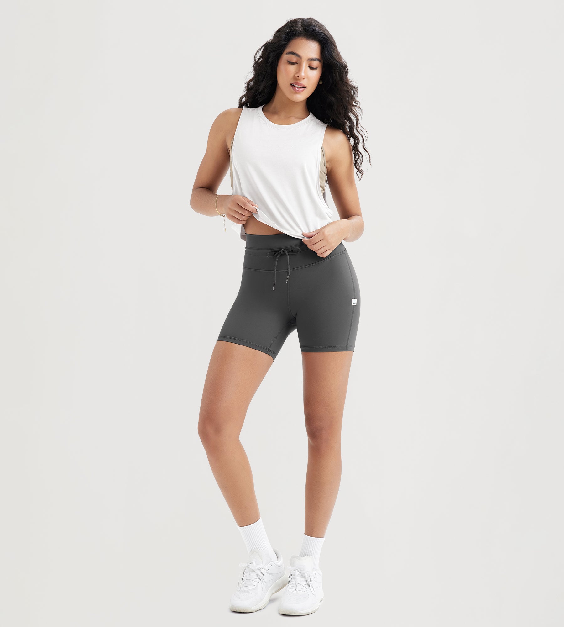 5" Inseam High Waist Shorts With Drawstring Workout Yoga Biker Shorts - ododos