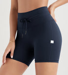 5" Inseam High Waist Shorts With Drawstring Workout Yoga Biker Shorts Deep Navy - ododos