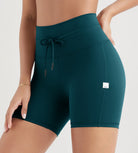 5" Inseam High Waist Shorts With Drawstring Workout Yoga Biker Shorts Forest Teal - ododos