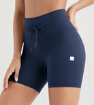5" Inseam High Waist Shorts With Drawstring Workout Yoga Biker Shorts Navy - ododos