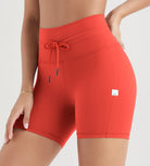 5" Inseam High Waist Shorts With Drawstring Workout Yoga Biker Shorts Orange Red - ododos