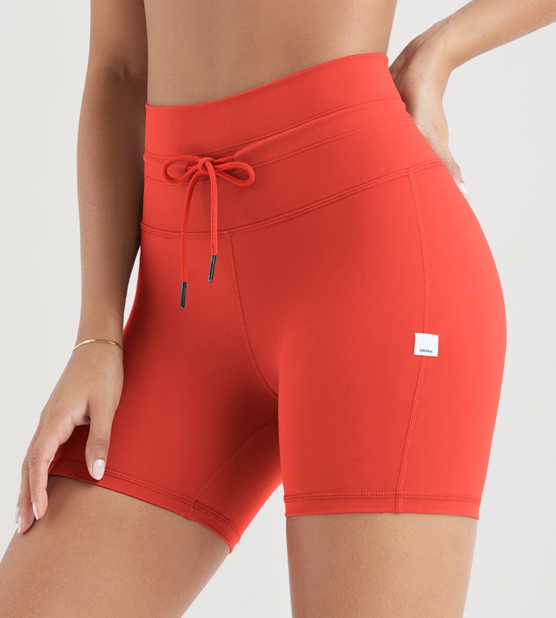5" Inseam High Waist Shorts With Drawstring Workout Yoga Biker Shorts Orange Red - ododos